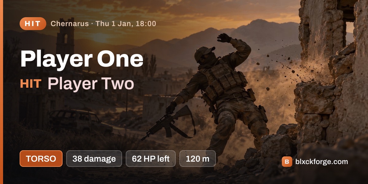 Example Hit feed card from Blxckforge, with placeholder player names