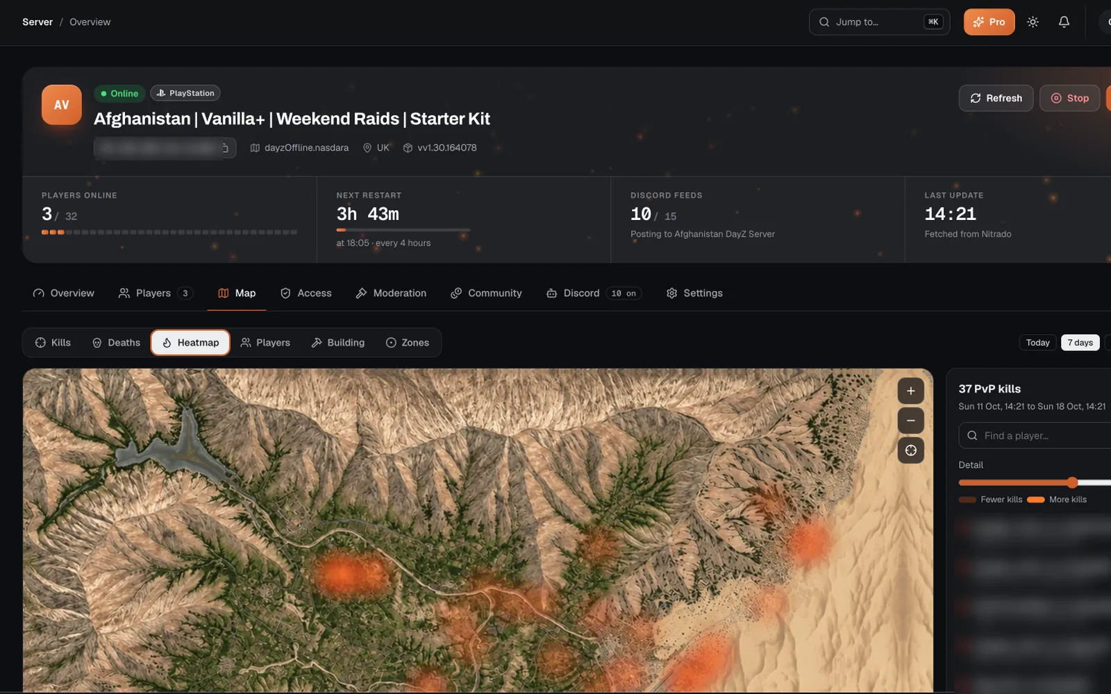 Server dashboard with a kill heatmap on the Nasdara map